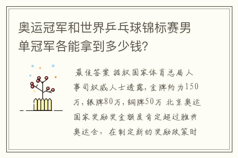 奥运冠军和世界乒乓球锦标赛男单冠军各能拿到多少钱?