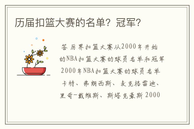 历届扣篮大赛的名单?冠军?