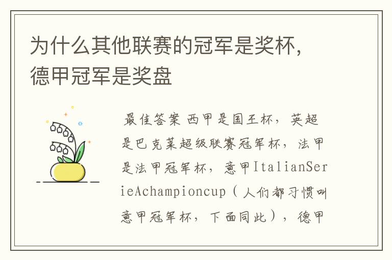 为什么其他联赛的冠军是奖杯,德甲冠军是奖盘
