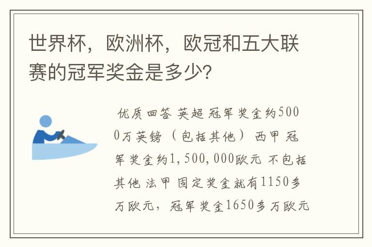 世界杯,欧洲杯,欧冠和五大联赛的冠军奖金是多少?