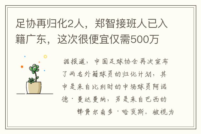 足协再归化2人,郑智接班人已入籍广东,这次很便宜仅需500万