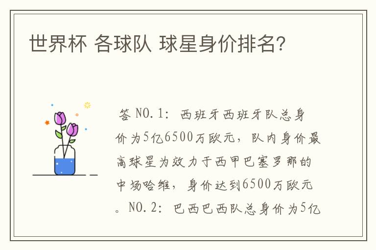 世界杯 各球队 球星身价排名?