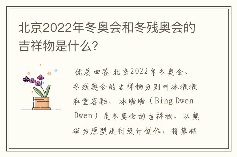 北京2022年冬奥会和冬残奥会的吉祥物是什么?