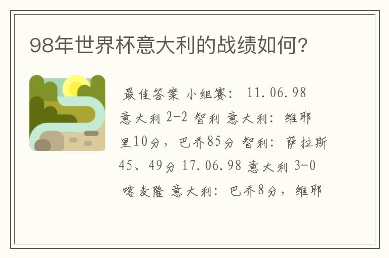 98年世界杯意大利的战绩如何?