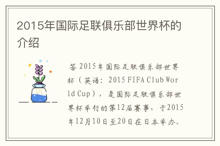 2015年国际足联俱乐部世界杯的介绍