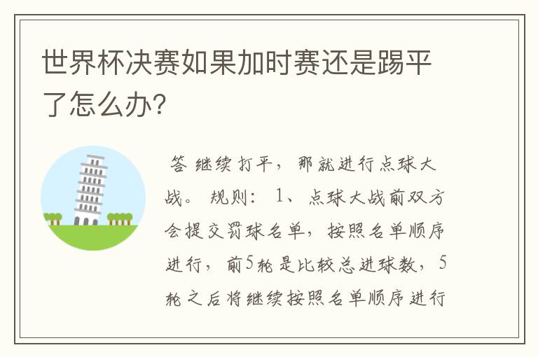 世界杯决赛如果加时赛还是踢平了怎么办？