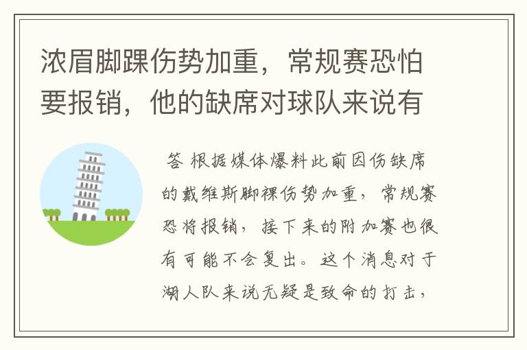 浓眉脚踝伤势加重,常规赛恐怕要报销,他的缺席对球队来说有何影响?