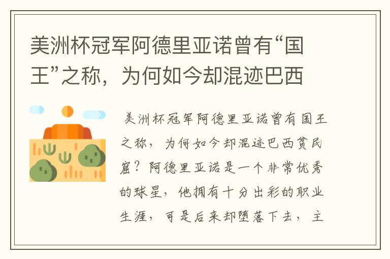 美洲杯冠军阿德里亚诺曾有“国王”之称,为何如今却混迹巴西贫民窟?