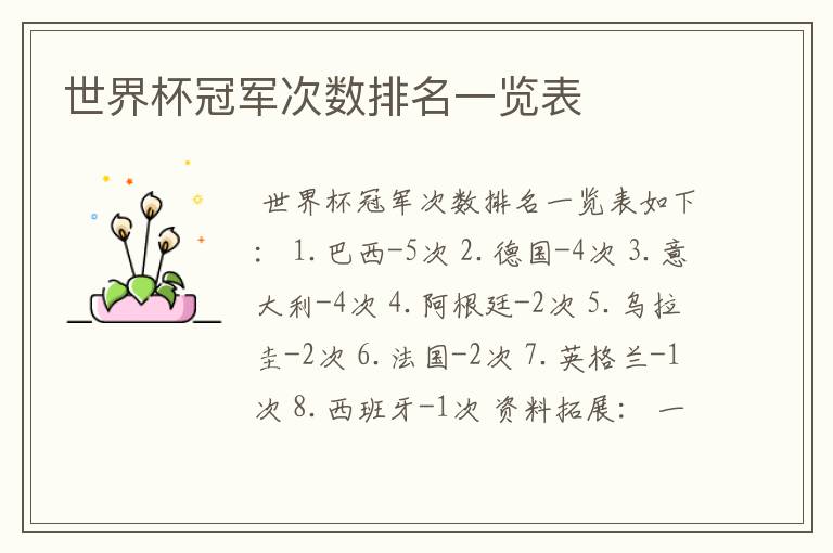 世界杯冠军次数排名一览表