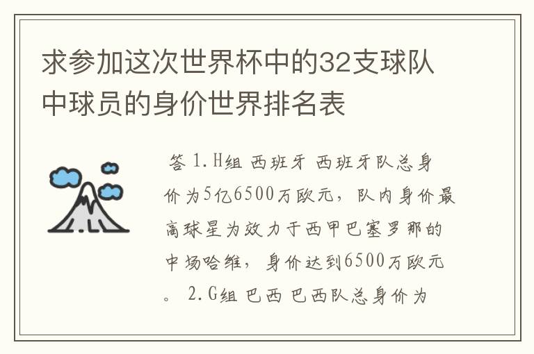 求参加这次世界杯中的32支球队中球员的身价世界排名表