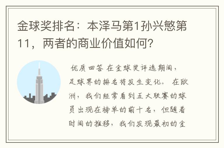 金球奖排名:本泽马第1孙兴慜第11,两者的商业价值如何?