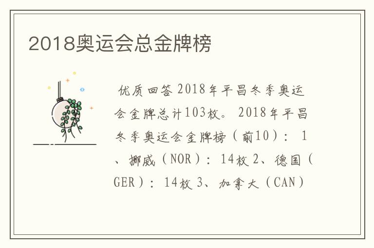 2018奥运会总金牌榜