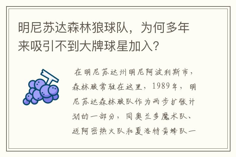 明尼苏达森林狼球队,为何多年来吸引不到大牌球星加入?