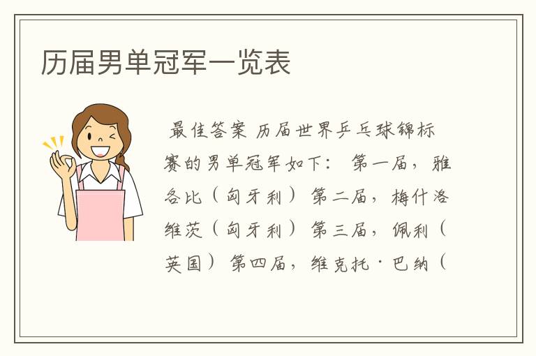 历届男单冠军一览表