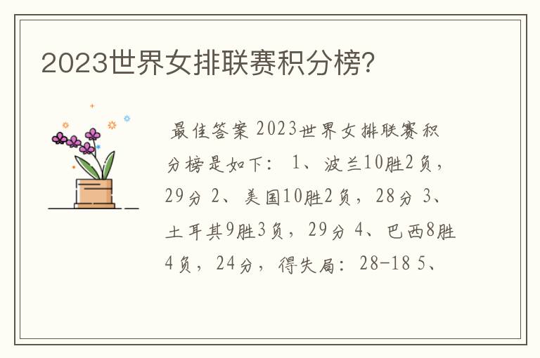 2023世界女排联赛积分榜?