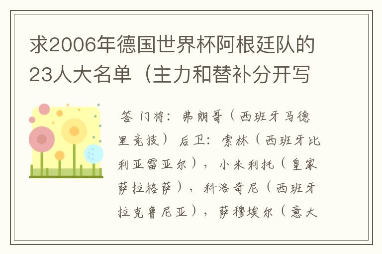 求2006年德国世界杯阿根廷队的23人大名单(主力和替补分开写)。