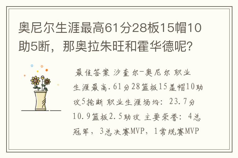奥尼尔生涯最高61分28板15帽10助5断,那奥拉朱旺和霍华德呢?