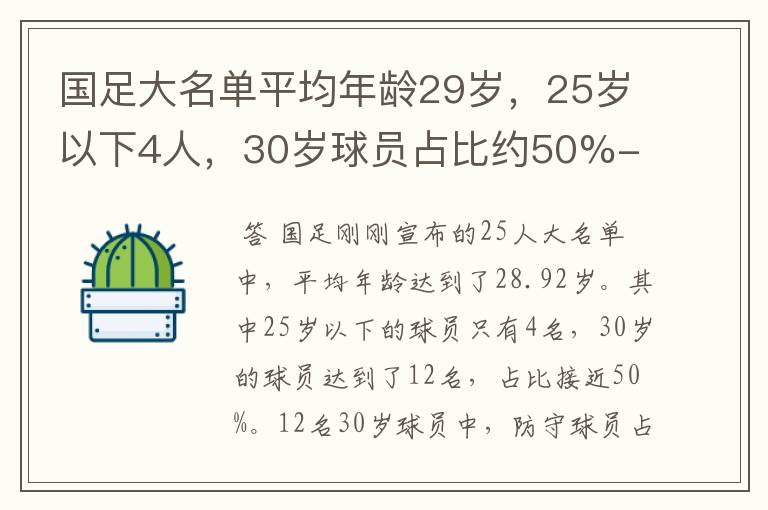 国足大名单平均年龄29岁,25岁以下4人,30岁球员占比约50%-
