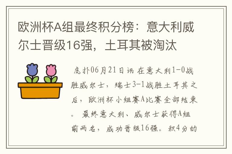 欧洲杯A组最终积分榜:意大利威尔士晋级16强,土耳其被淘汰
