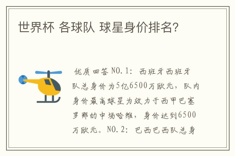 世界杯 各球队 球星身价排名?