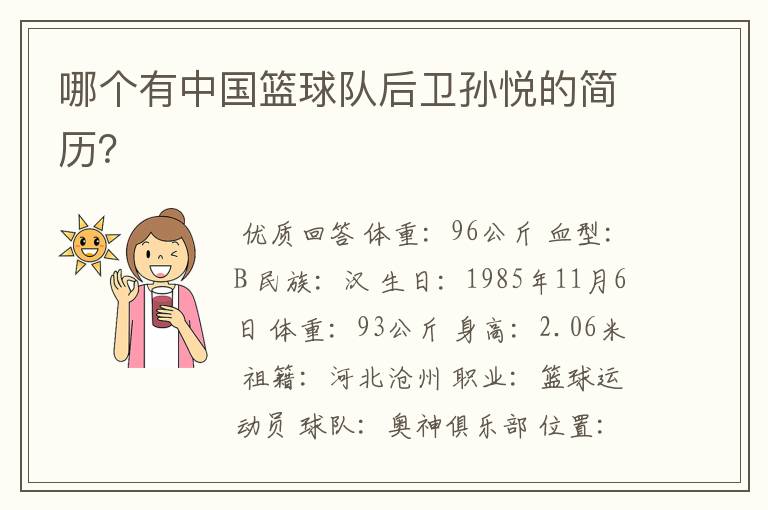 哪个有中国篮球队后卫孙悦的简历?