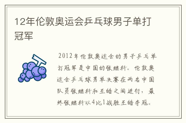 12年伦敦奥运会乒乓球男子单打冠军