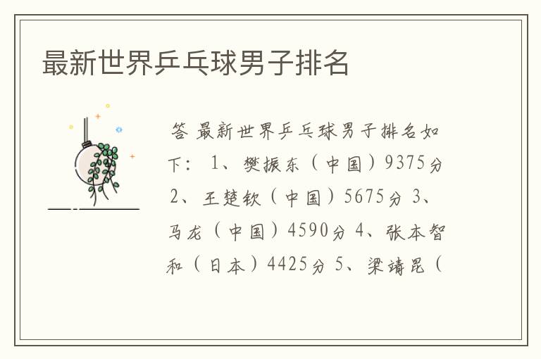 最新世界乒乓球男子排名