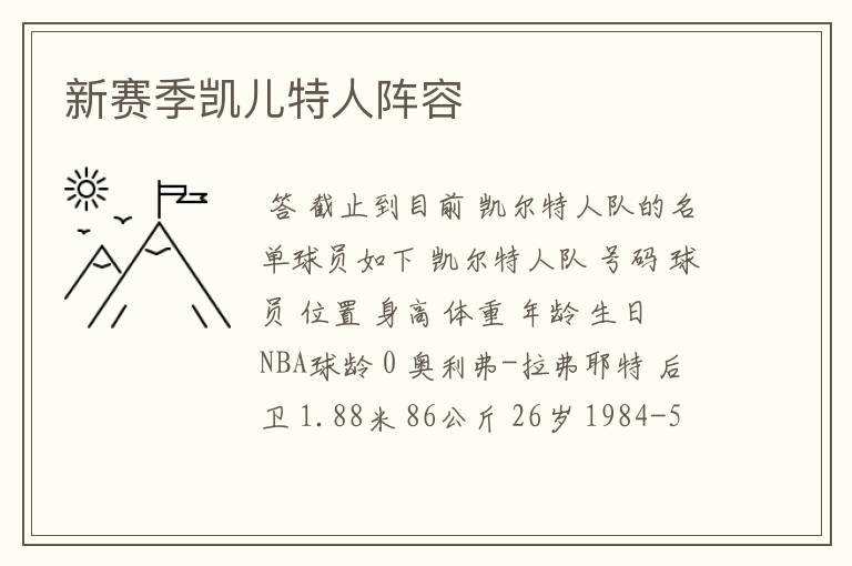 新赛季凯儿特人阵容