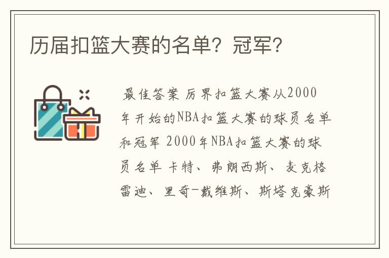 历届扣篮大赛的名单?冠军?