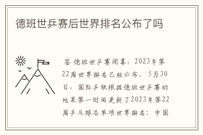 德班世乒赛后世界排名公布了吗