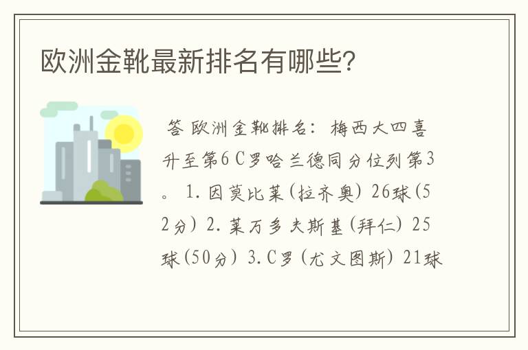 欧洲金靴最新排名有哪些?