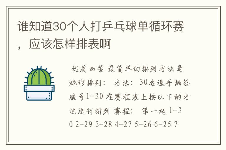 谁知道30个人打乒乓球单循环赛,应该怎样排表啊