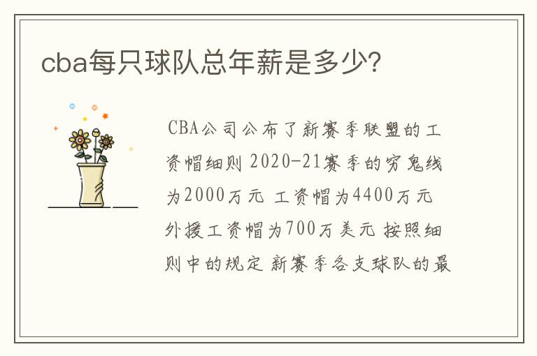 cba每只球队总年薪是多少?