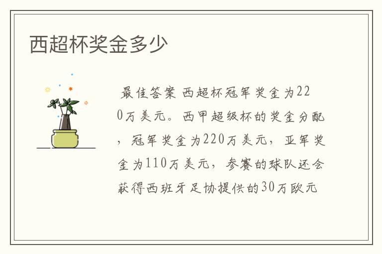 西超杯奖金多少