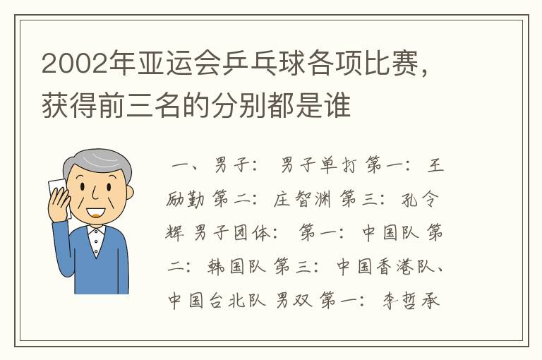 2002年亚运会乒乓球各项比赛,获得前三名的分别都是谁