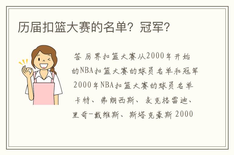 历届扣篮大赛的名单?冠军?