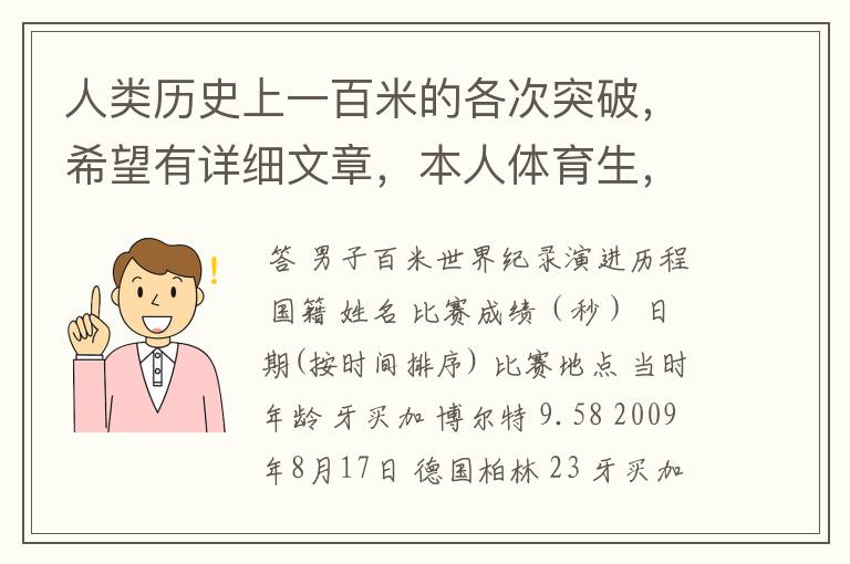 人类历史上一百米的各次突破,希望有详细文章,本人体育生,喜欢看一百米比赛