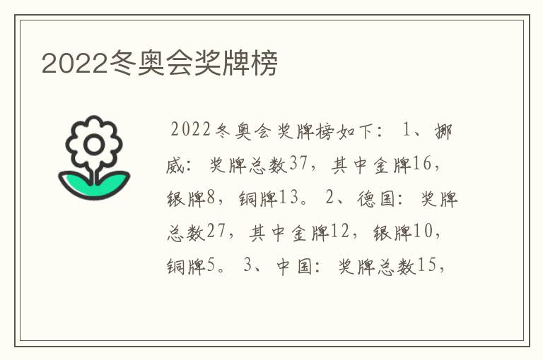 2022冬奥会奖牌榜