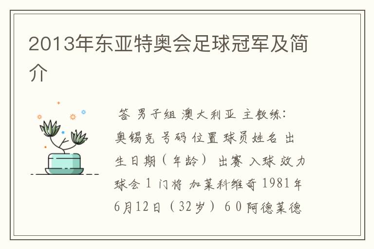 2013年东亚特奥会足球冠军及简介