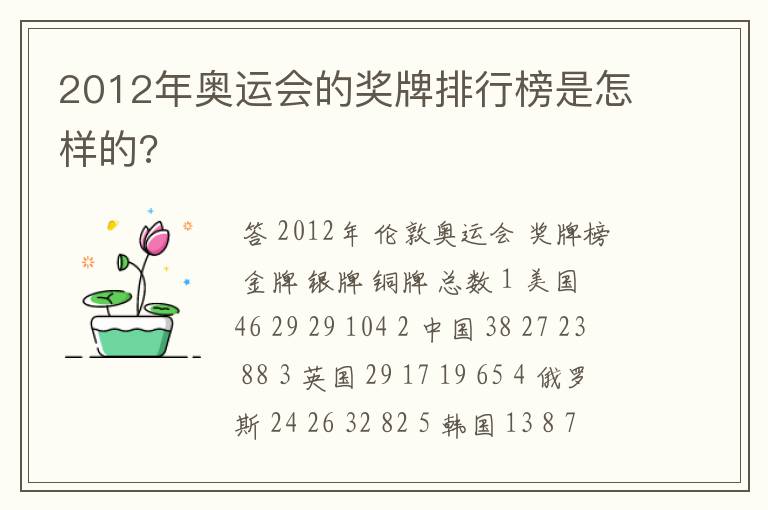 2012年奥运会的奖牌排行榜是怎样的?