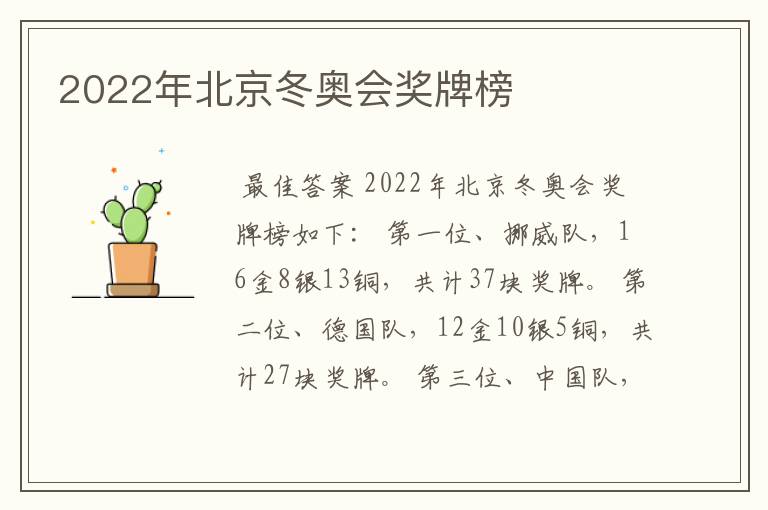 2022年北京冬奥会奖牌榜