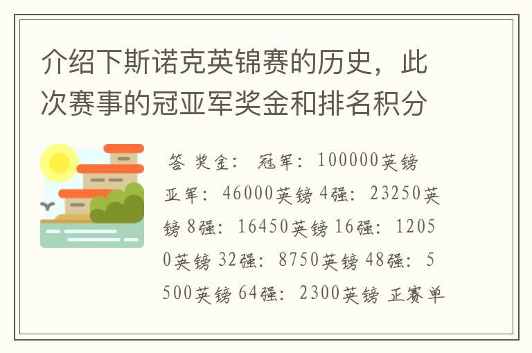 介绍下斯诺克英锦赛的历史,此次赛事的冠亚军奖金和排名积分各是多少?