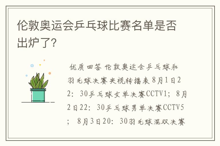 伦敦奥运会乒乓球比赛名单是否出炉了?