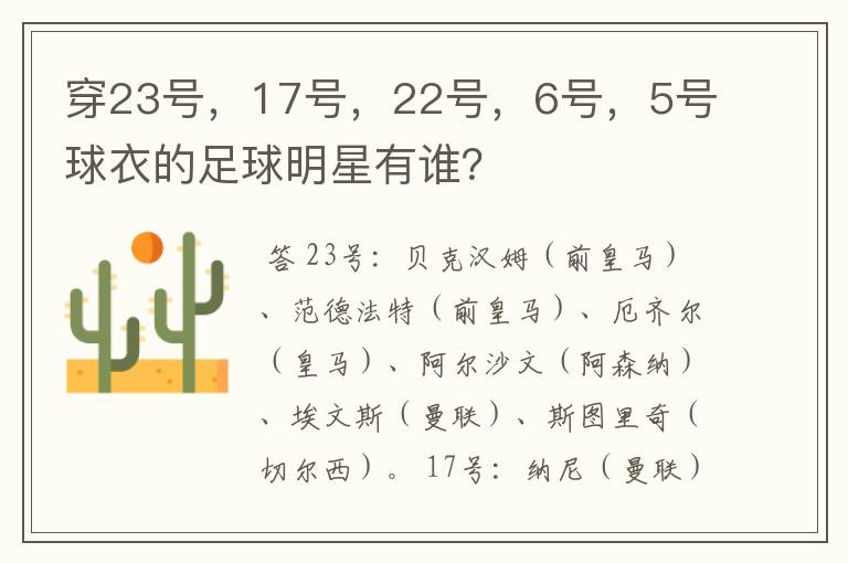 穿23号,17号,22号,6号,5号球衣的足球明星有谁?
