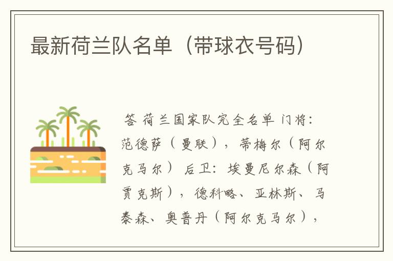 最新荷兰队名单(带球衣号码)