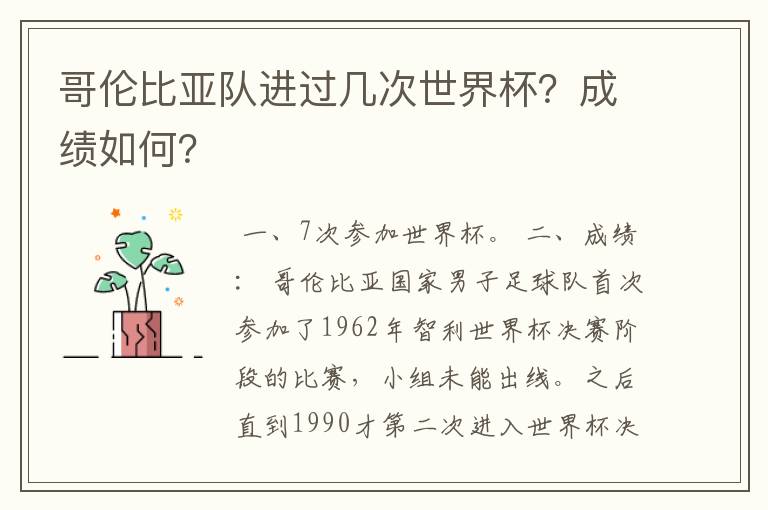 哥伦比亚队进过几次世界杯?成绩如何?