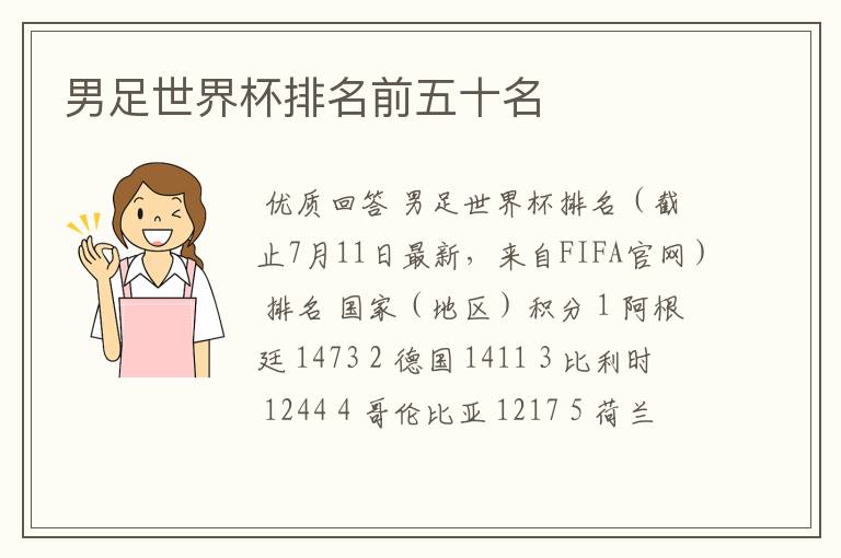 男足世界杯排名前五十名