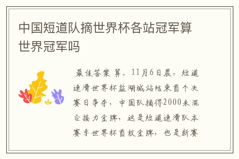 中国短道队摘世界杯各站冠军算世界冠军吗