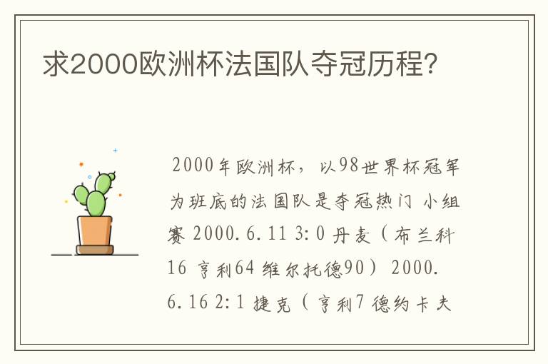 求2000欧洲杯法国队夺冠历程?