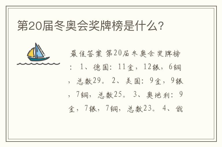 第20届冬奥会奖牌榜是什么?